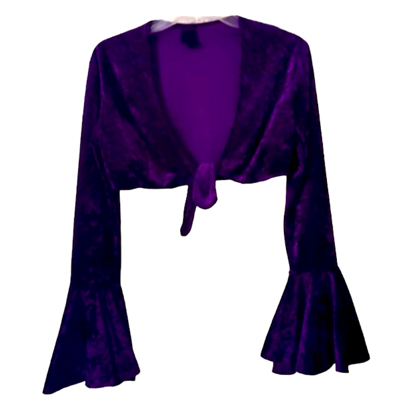 Vintage! Purple Crushed Velvet Waist Tie Circular Flounce Angel Arms Women M